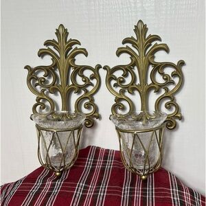 Pair Vintage Metal Wall Decor Vases  Gold Ornate Scroll Baskets With Glass